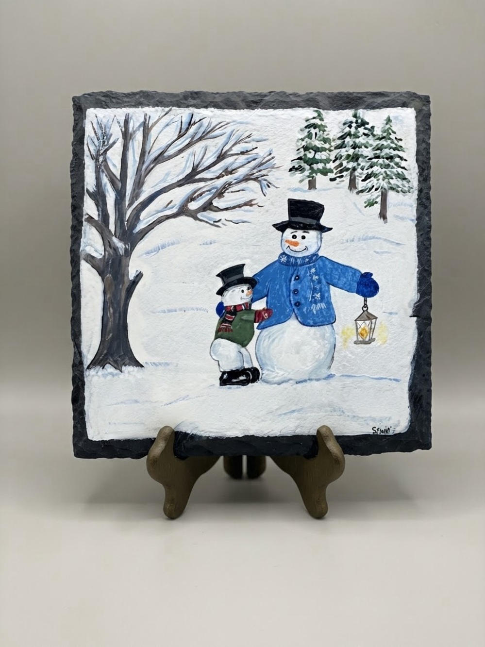 Hand-Painted Winter Snowman Slate Art– Original Holiday Decor